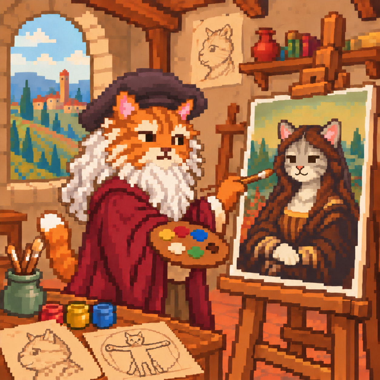Meow Vinci in his Renaissance studio, painting the Meowna Lisa